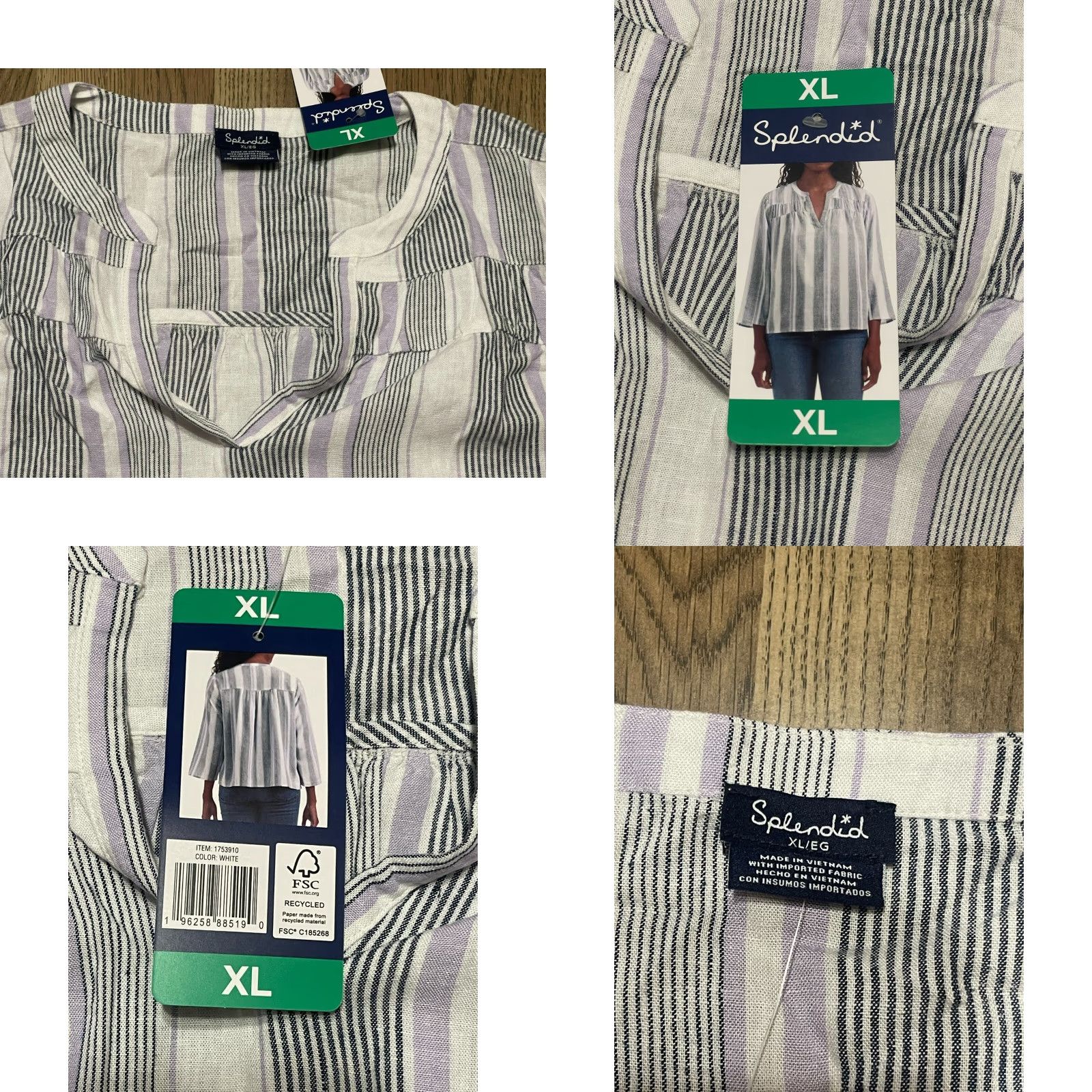 Splendid Splendid Shirt Women's XL Gray White Striped V-neck NWT Size XL / US 12-14 / IT 48-50 - 8 Thumbnail