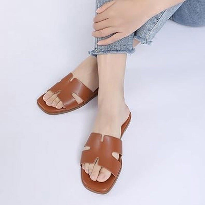 Other Rihero Size 7 Brown Faux Leather Open Toe Slide Sandals Size US 7 / IT 37 - 4 Thumbnail