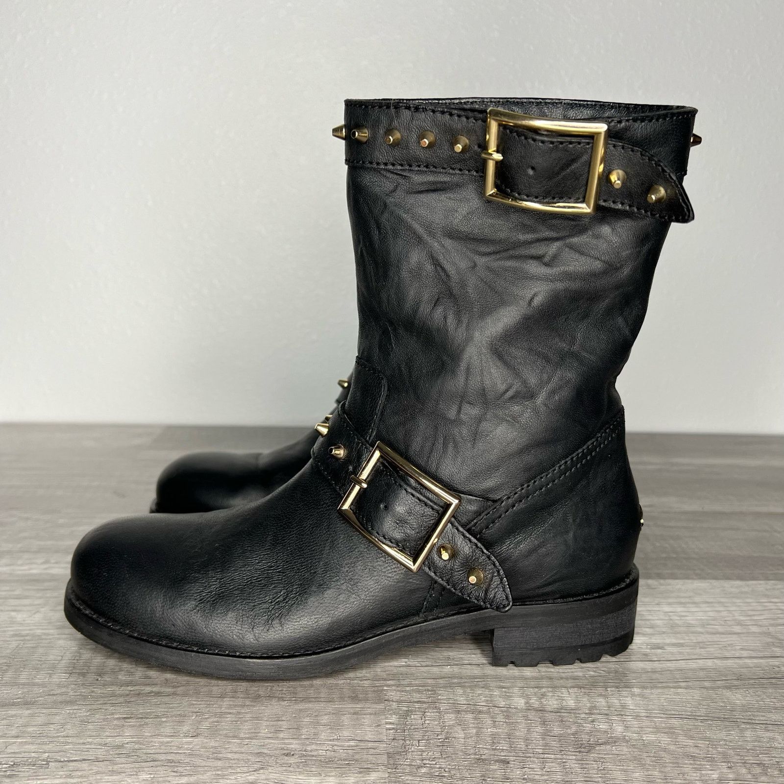 Jimmy Choo Dash Black Leather Biker Moto Boots 37 US 7