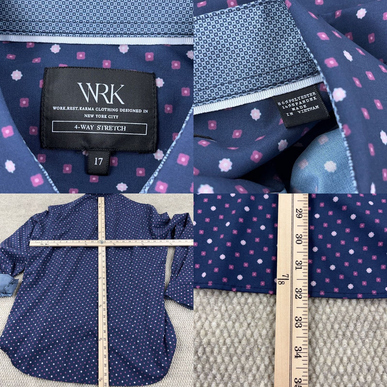Vintage WRK Shirt Men XL Blue Pink Button Up Spotted Performance Flip Cuff Rest Karma Size US XL / EU 56 / 4 - 8 Thumbnail
