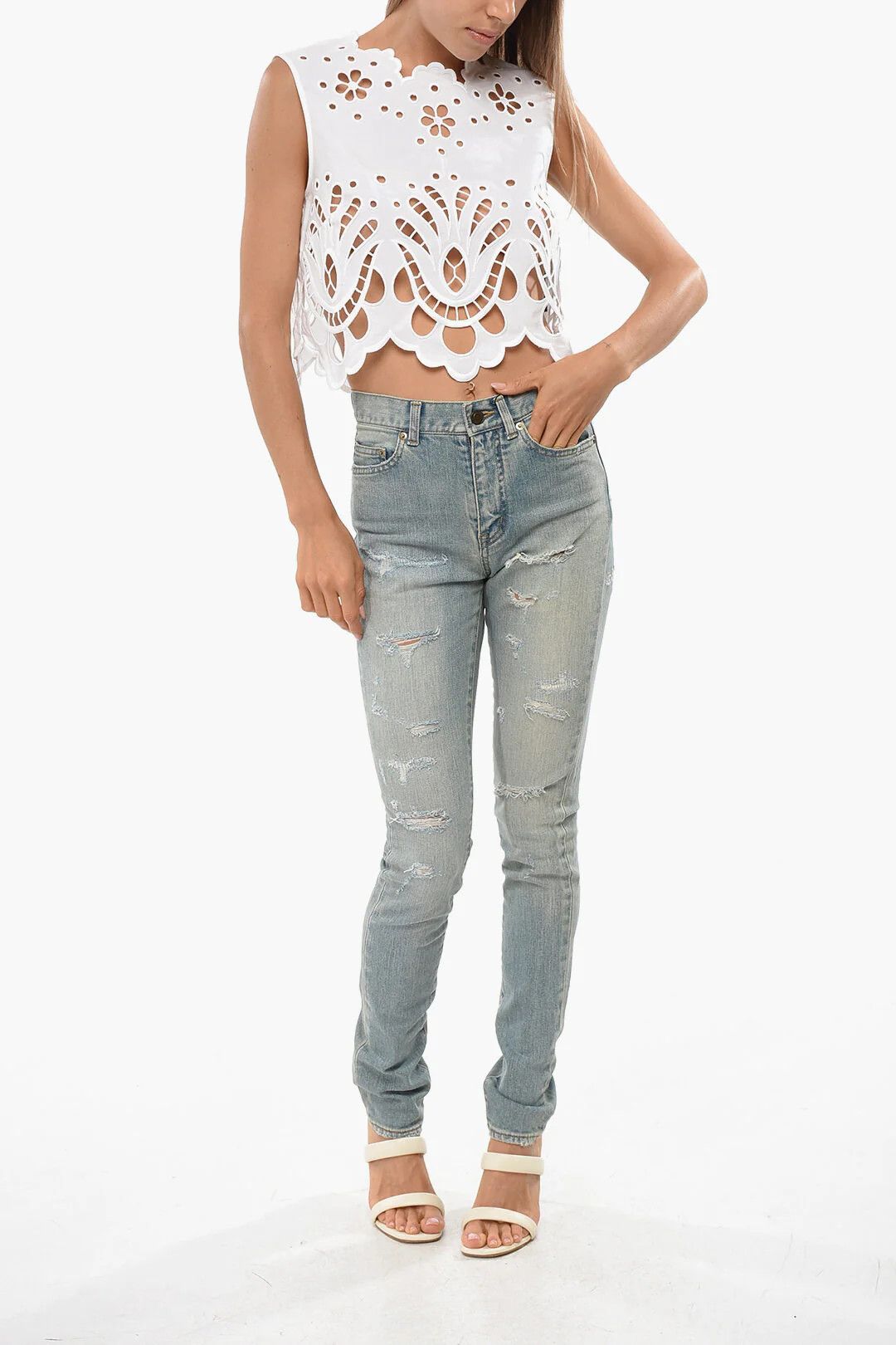 Dolce & Gabbana og1mm0426 Sangallo Crop Top in White Size S / US 4 / IT 40 - 4 Thumbnail