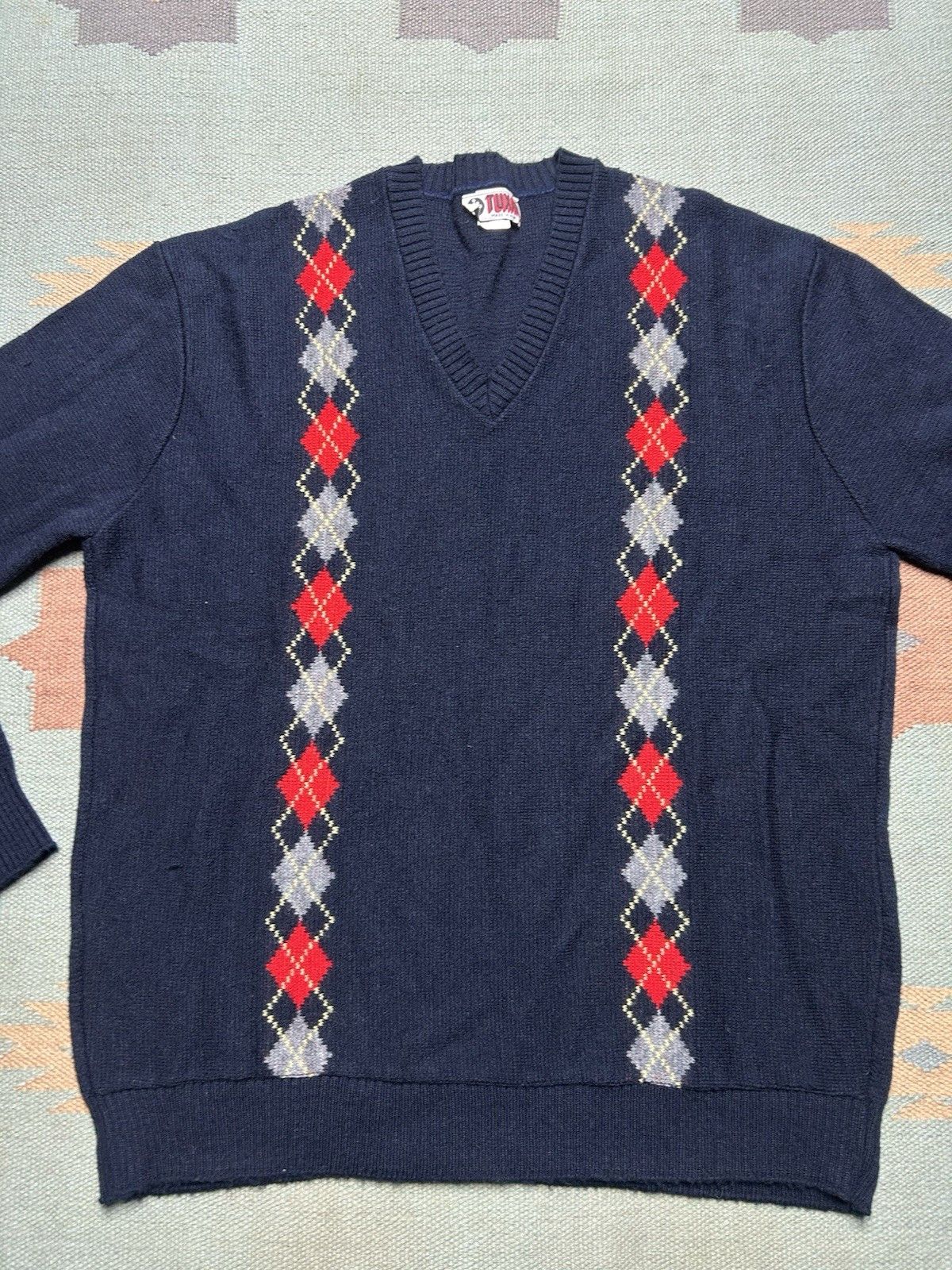 Vintage VTG 70s 80 acrylic knit sweater Tuxan argyle v neck XXL long Size US XXL / EU 58 / 5 - 2 Thumbnail