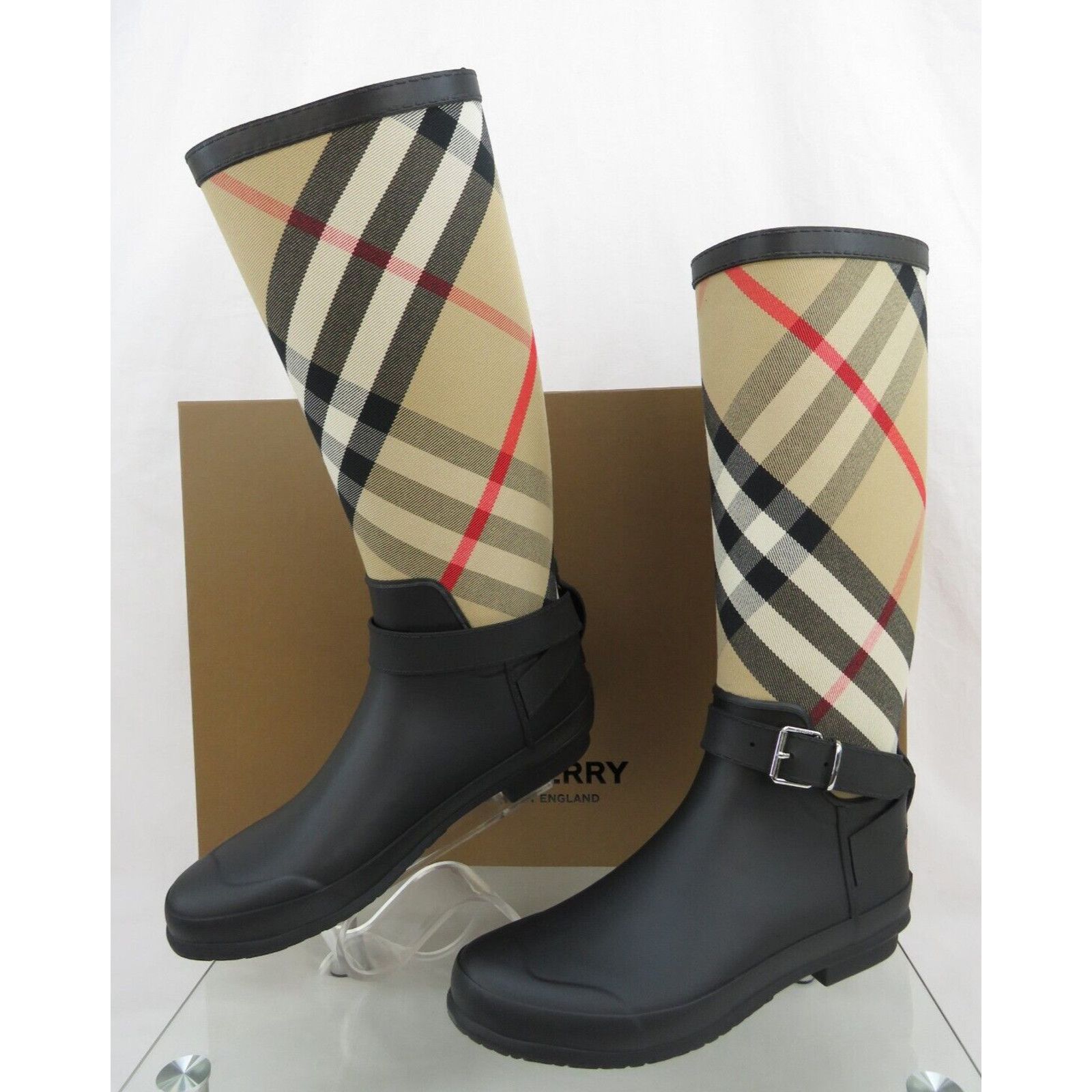 Burberry BURBERRY SIMEON BLACK RUBBER BEIGE CHECK RAIN BOOTS 40 10 Size US 10 / IT 40 - 4 Thumbnail
