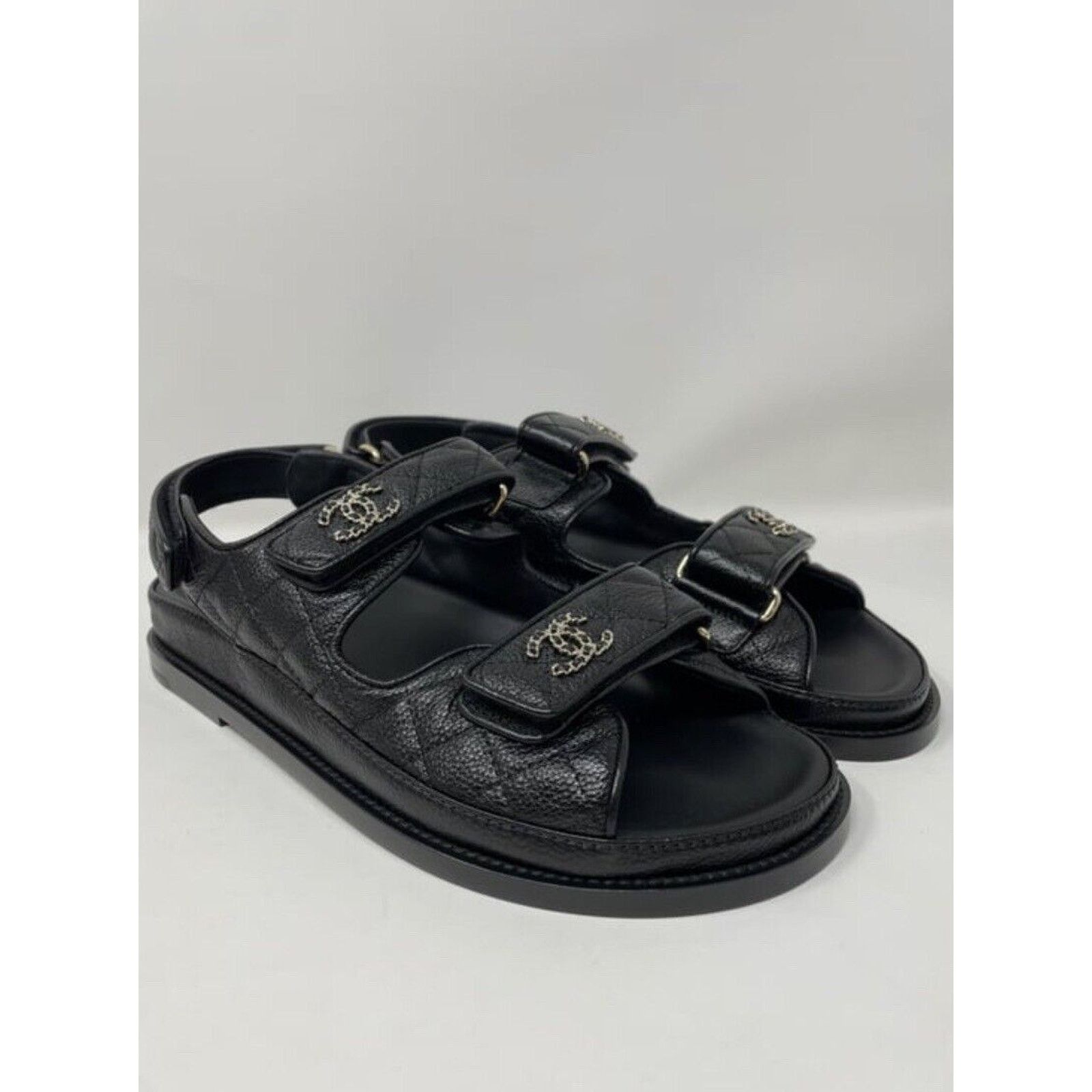 Chanel Black Leather Chain 38.5 EUR CC Quilted Flats Dad Sandals Size US 7.5 / IT 37.5 - 6 Thumbnail