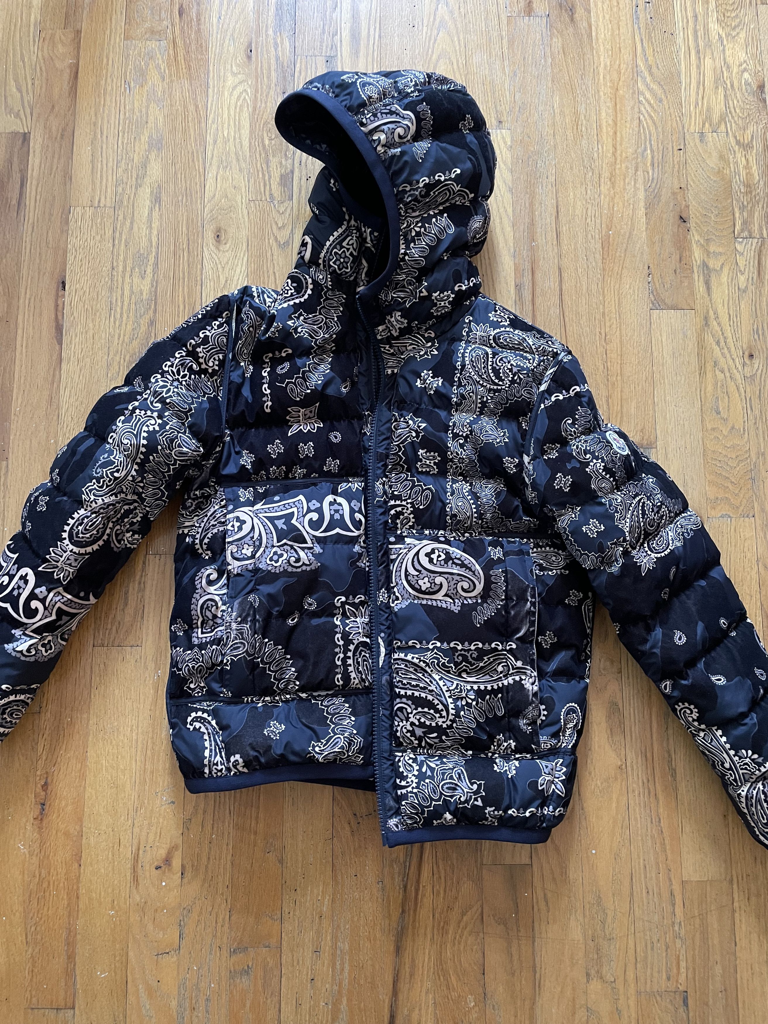 image of Moncler Bandana Suede Camo Reversible Maya Jacket in Navy, Men's (Size Small)