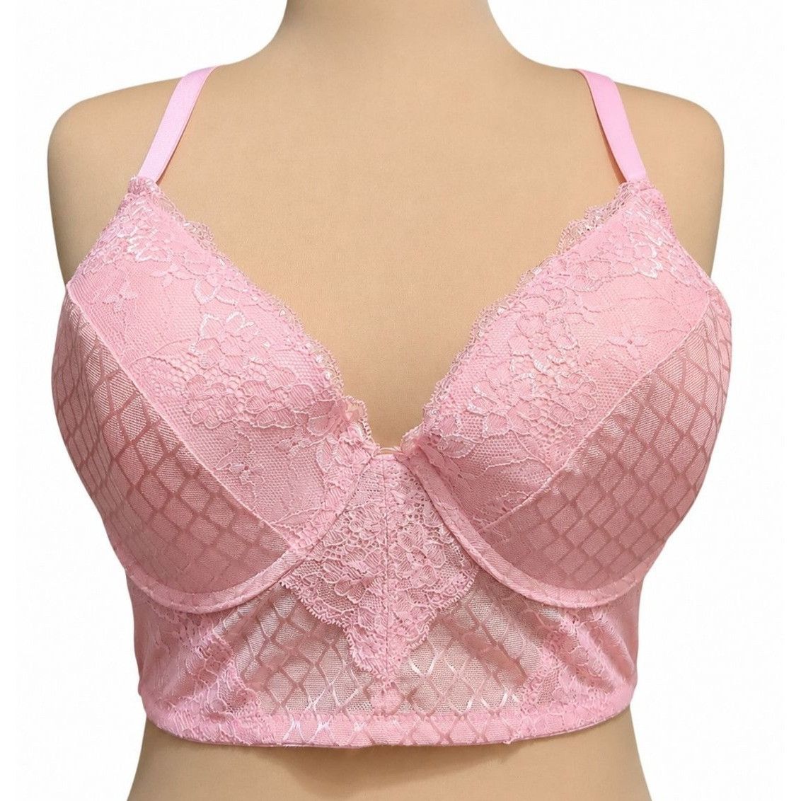 Other Pink Lace Longline Bralette Plus Size 2X Sheer Mesh Underwir Size ONE SIZE - 1 Thumbnail