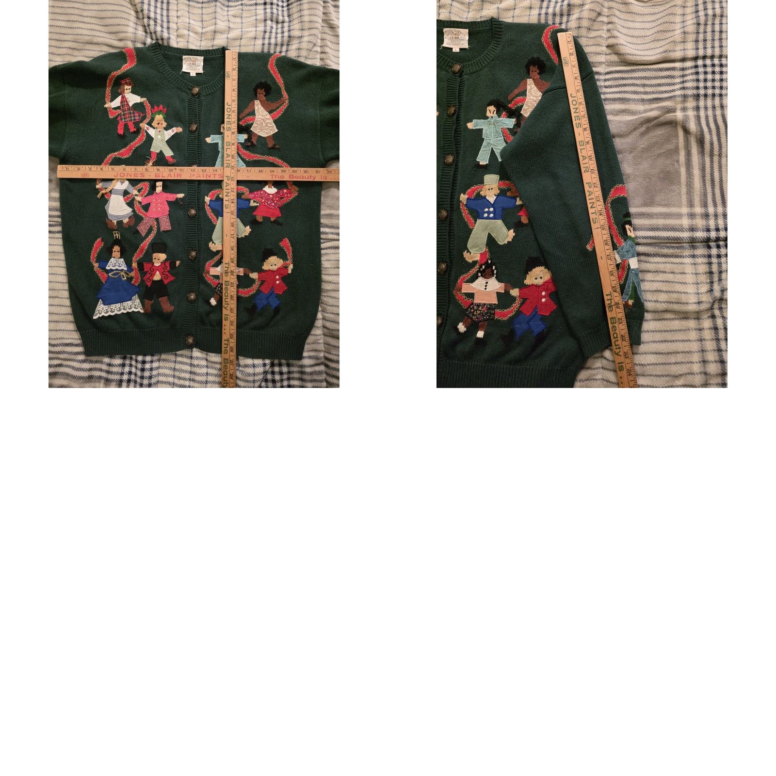 VINTAGE Susan Bristol Sweater Cardigan Women Large Green 90s Folk Art Geometric Embroidered Button Raglan Sleeve