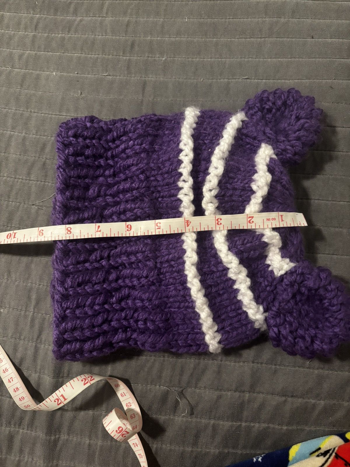 Handmade Knit Purple and White Bear Ear Beanie Size ONE SIZE - 3 Thumbnail