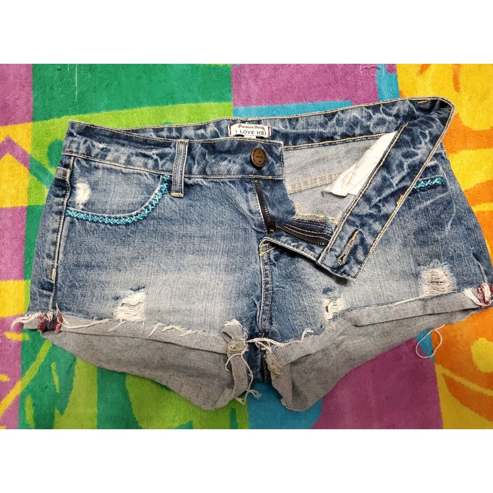 Vintage I Love H81 Embroidered Distressed Women's Jean Shorts Sz 25 Blue Cotton Button Shorts Juniors Women 2in Inseam Size 42" / US 20 - 2 Thumbnail