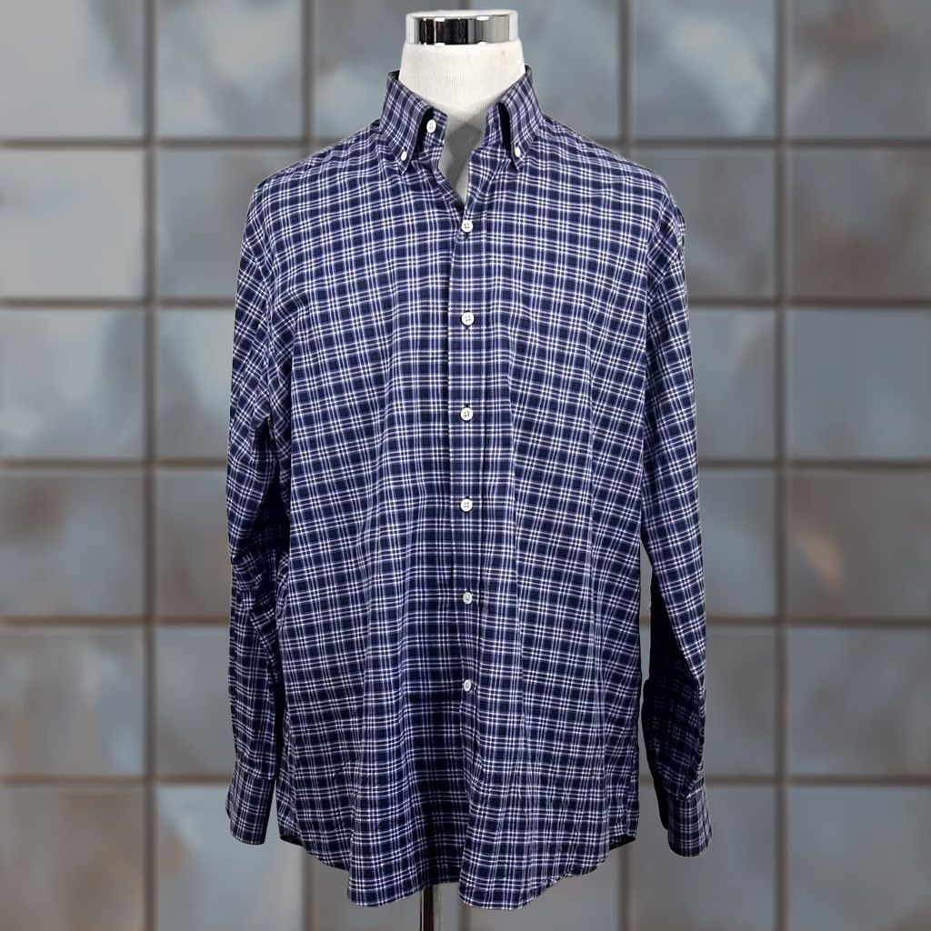 Vintage Ledbury Dress Shirt Blue Purple Plaid 18 37 100% Cotton Button-Down Formal Shirt Mens Regular Collar Down Size 48R - 1 Thumbnail