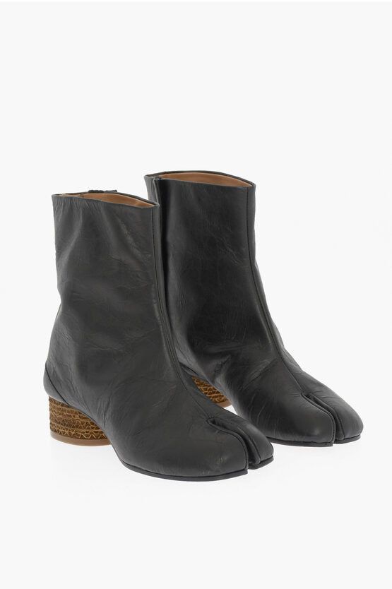 image of Maison Margiela Mm22 Wrinkled Effect Solid Color Ankle Boots Heel Shoes 3.5Cm in Black, Women's