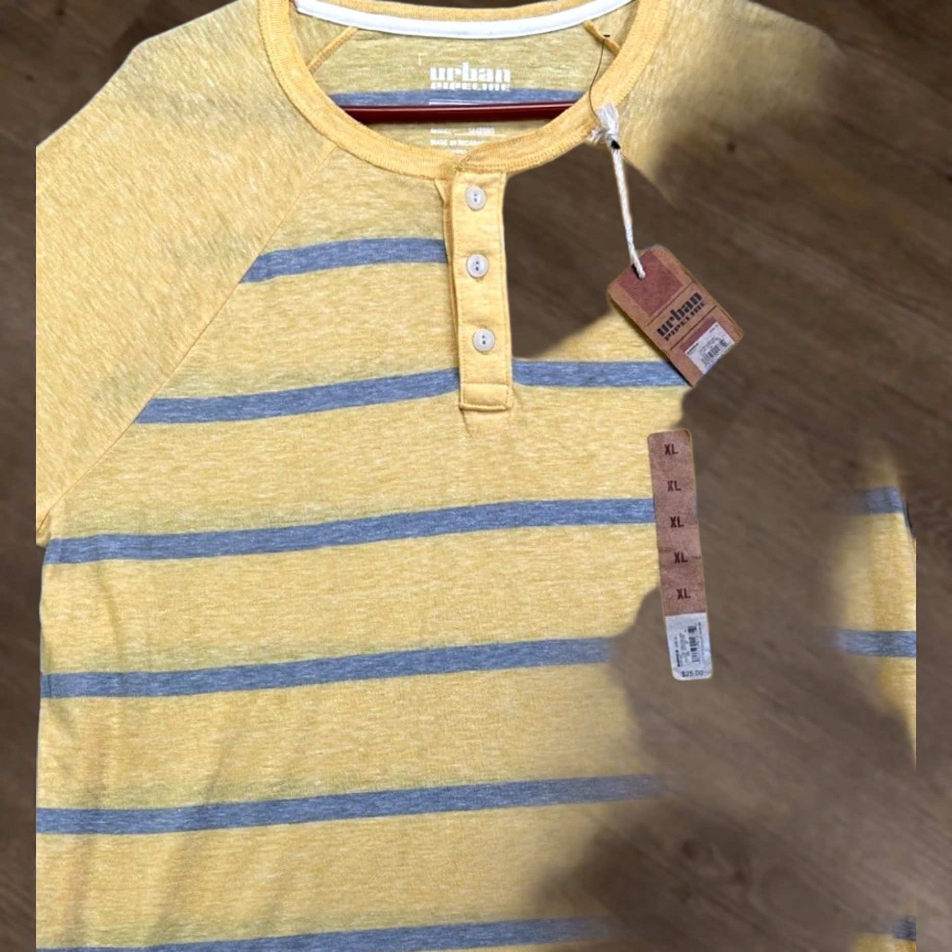 Vintage Urban Pipeline Henley Shirt Adult XL Yellow Grey Stripe Long Sleeve Tee Mens NEW Size US XL / EU 56 / 4 - 1 Thumbnail