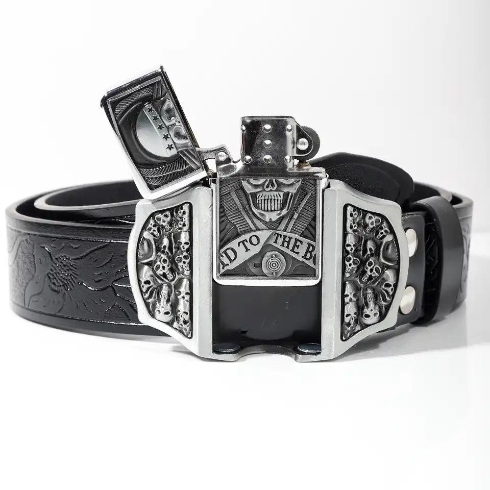 image of Leather Skull Buckle Lighter Luxury Jeans Pu Belt in Silver, Men's
