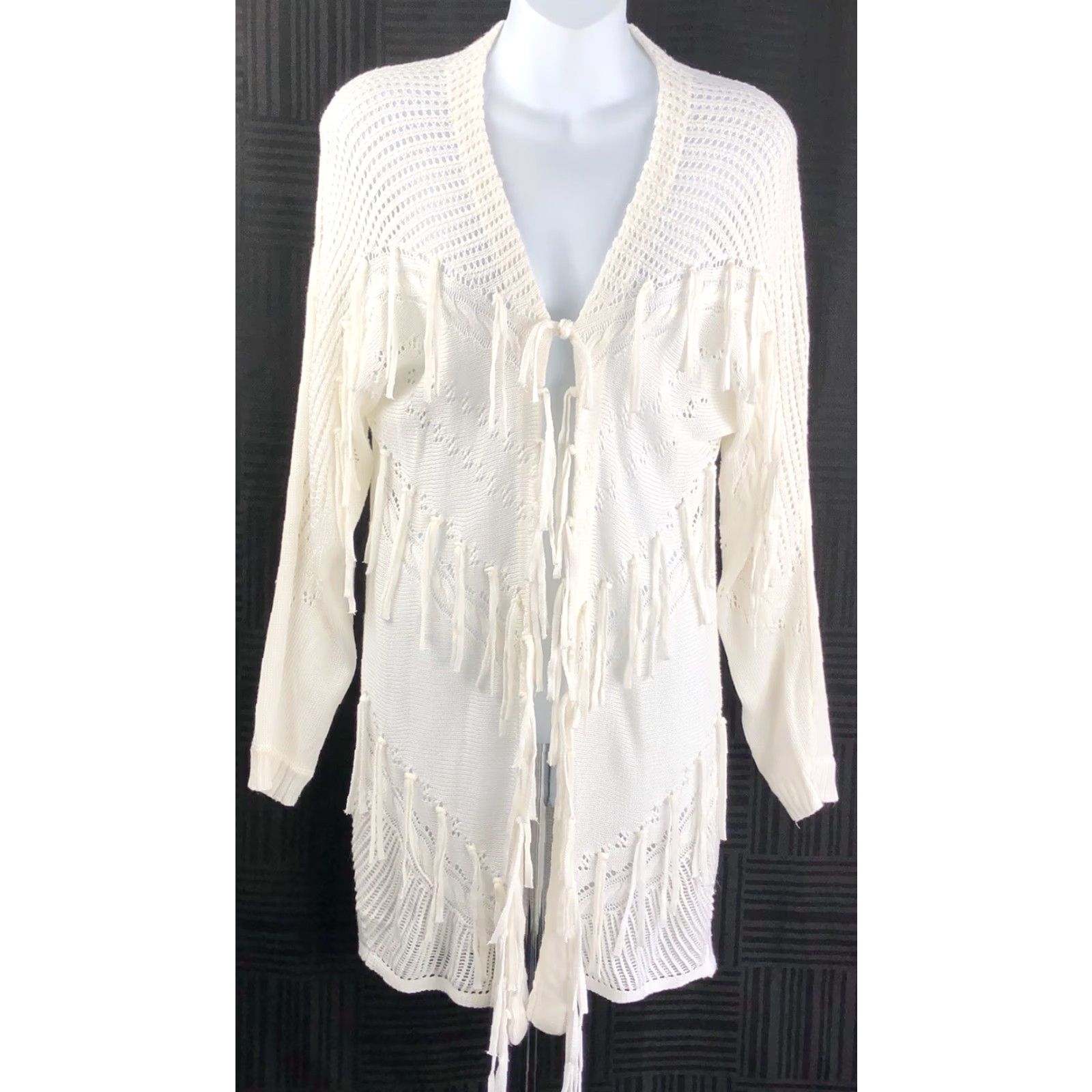 Vintage NY & Co Fringe Cardigan Sweater S Ivory Crochet Accents Long Sleeve Size S / US 4 / IT 40 - 5 Thumbnail