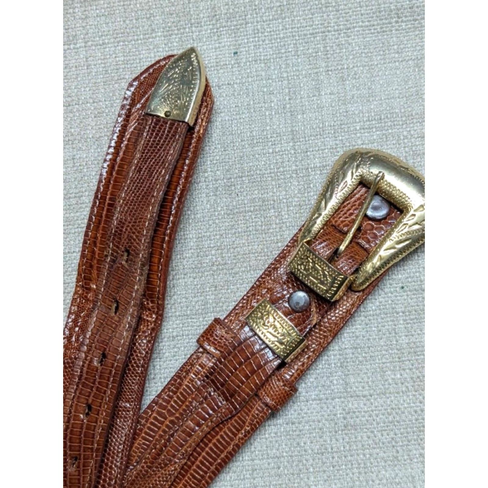 Vintage VINTAGE Justin belt western brown GENUINE LIZARD buckle nickel silver 28 Men belt Size 28 - 2 Thumbnail