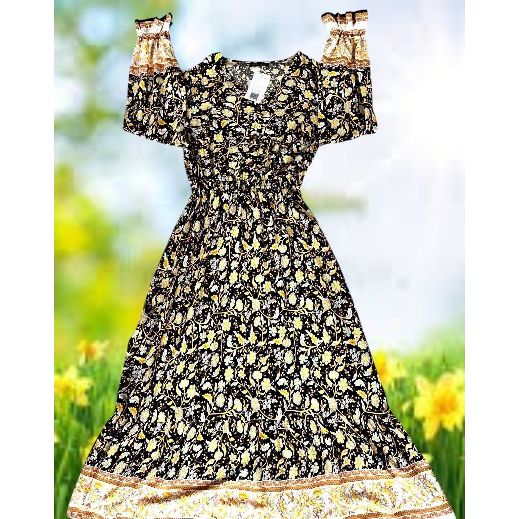 Other NWT Prettygarden Maxi Dress Large Yellow Black Floral Prairi Size L / US 10 / IT 46 - 4 Thumbnail