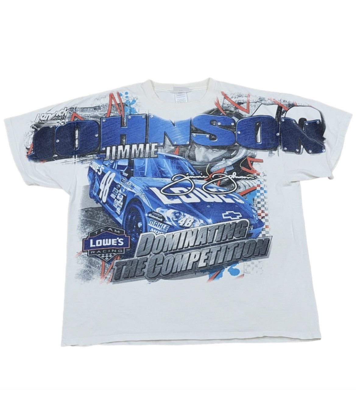 Image of Chase Authentics x Nascar Vintage Nascar Jimmie Johnson All Over Print Racing T-Shirt in White (Siz