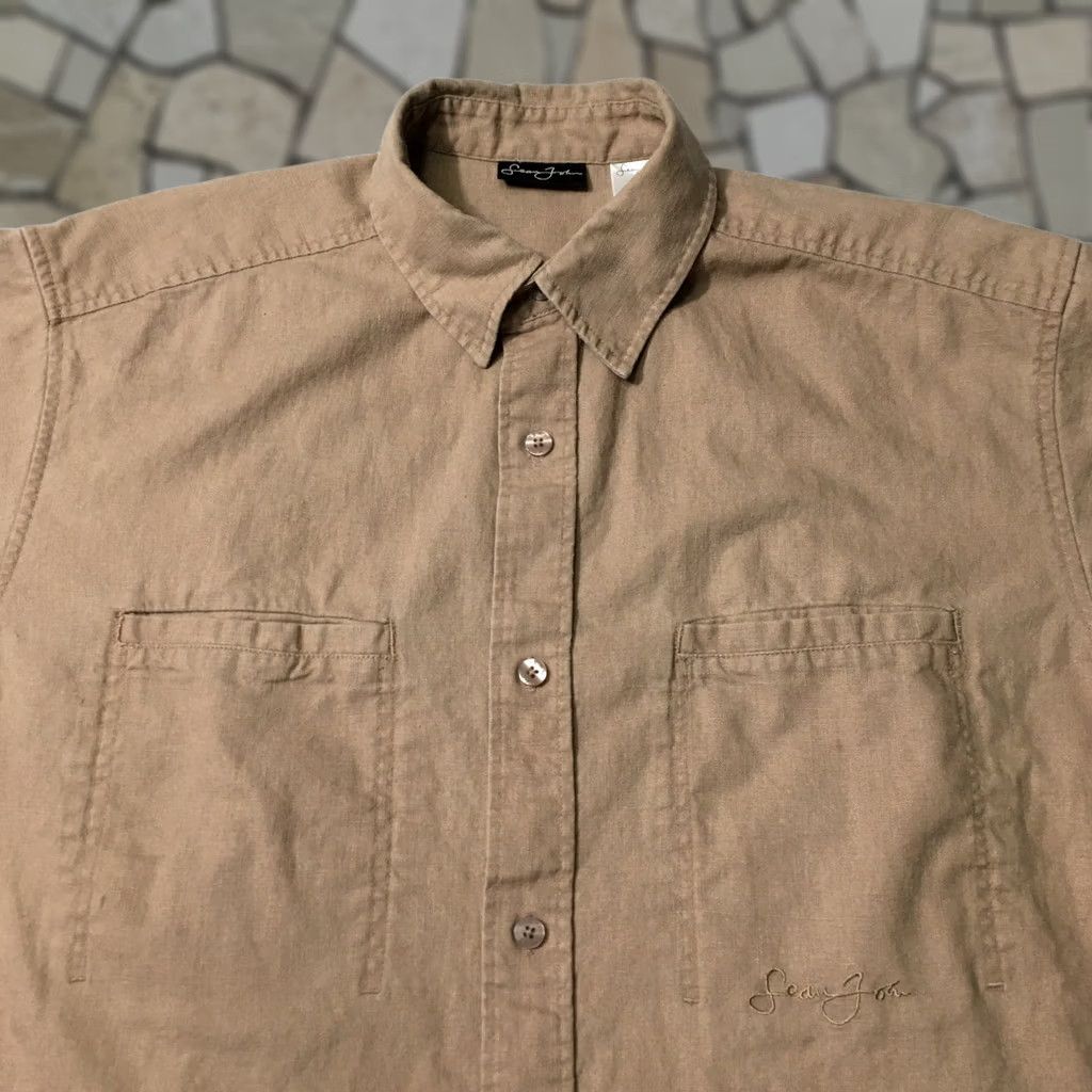 Sean John Sean John Mens Shirt Short Sleeve Button Front Linen Cotton Khaki Canvas Beige Size US M / EU 48-50 / 2 - 1 Thumbnail