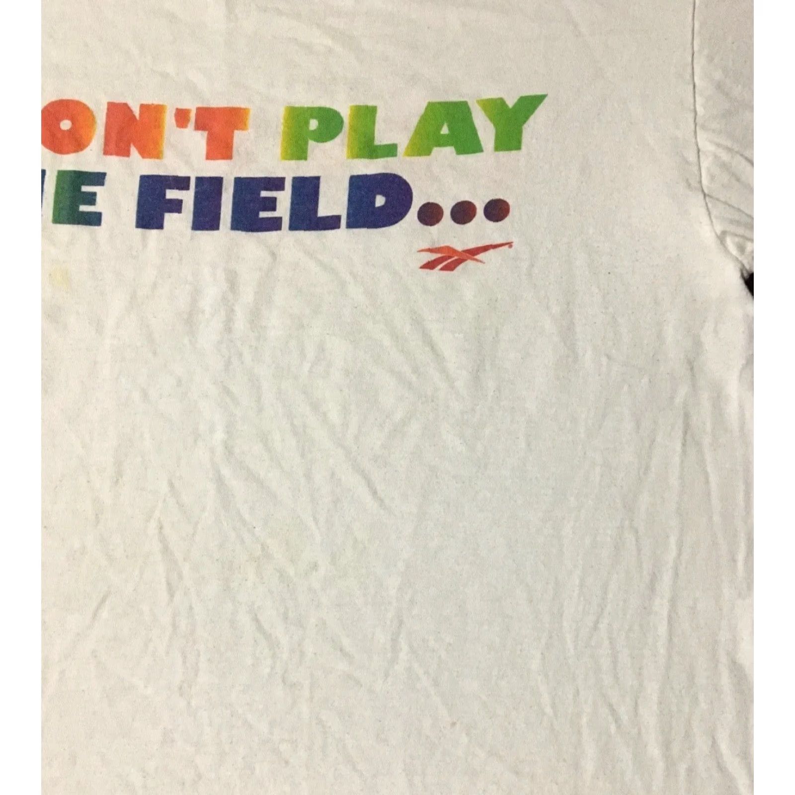 Reebok Vtg 90s Reebok I Dont Play The Field I Rule It Faded Shirt M White Mens T-Shirt Old School Grunge Sports USA Baseball Track Retro Logo Size US M / EU 48-50 / 2 - 7 Thumbnail
