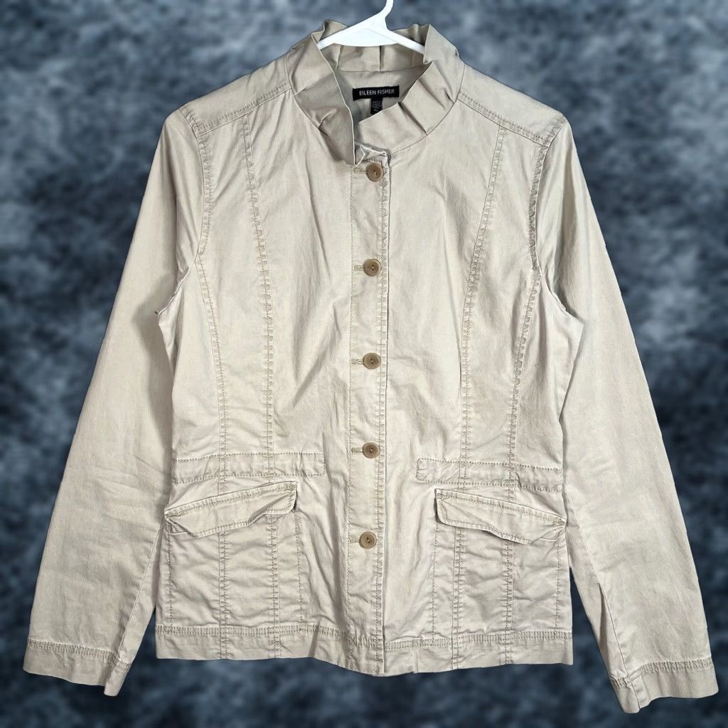 Eileen Fisher Eileen Fisher XS Khaki Ruffle Collar Utility Jacket Lightweight Button Front Womens Jacket XS Beige/Beige Khaki Classic City 90s? Size XS / US 0-2 / IT 36-38 - 1 Thumbnail