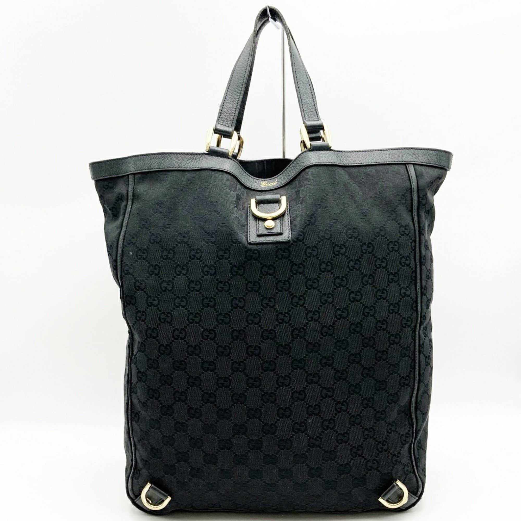 Gucci 130733 Shoulder Bag Tote Abbey Line Black GG Canvas X Leather Women's Men's