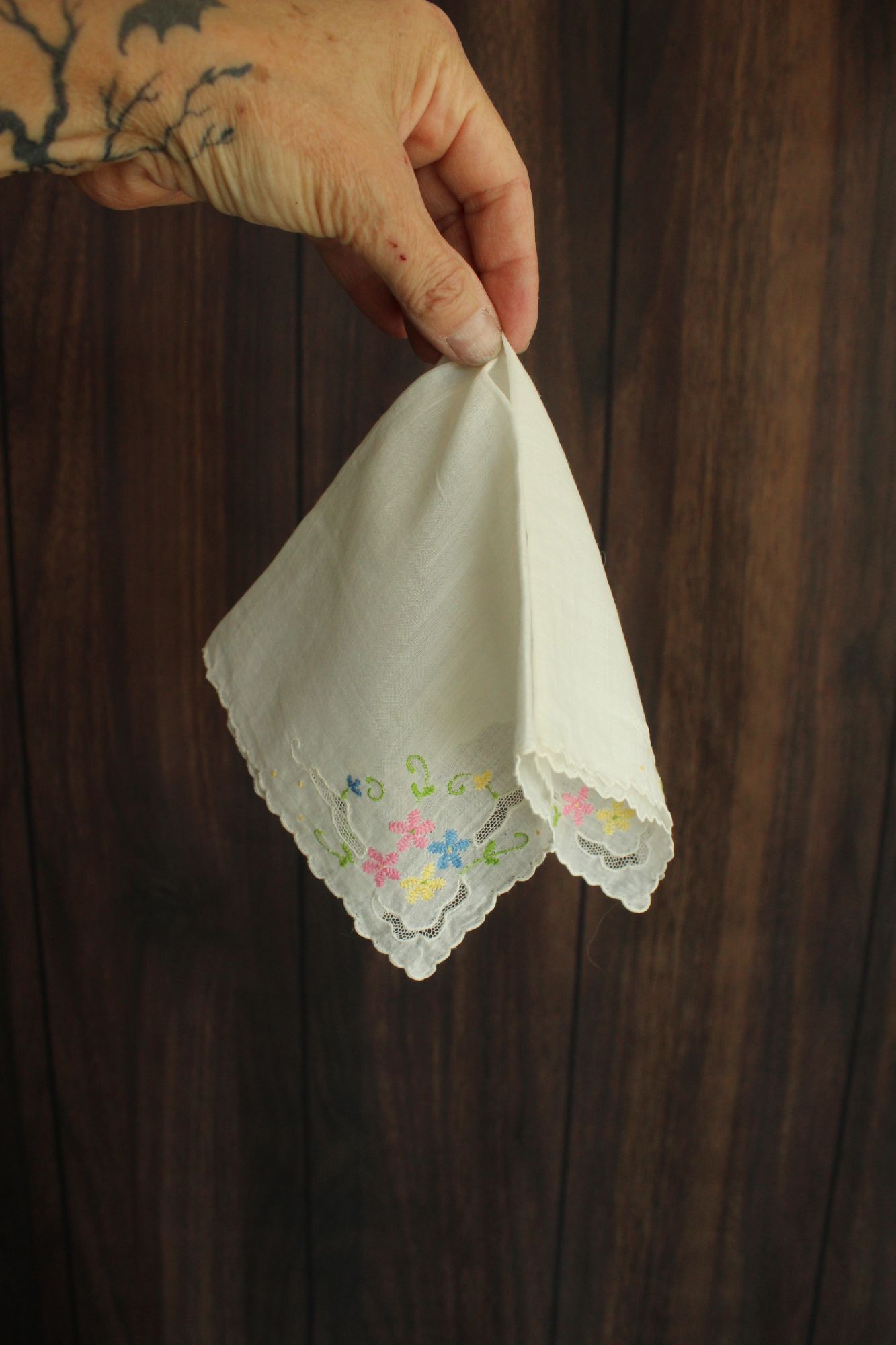 Vintage Vintage Handkerchief, Pink Blue and Yellow Flower Embroidery Size ONE SIZE - 10 Thumbnail