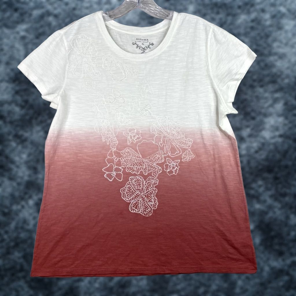Pinko SONOMA Womens Tee Shirt XL Pink White Ombre Embroidered Floral Boho Y2K 90s Shirt Womens XL Pink White Ombre Floral Embroidered 90s T-Shirt Size XL / US 12-14 / IT 48-50 - 1 Thumbnail