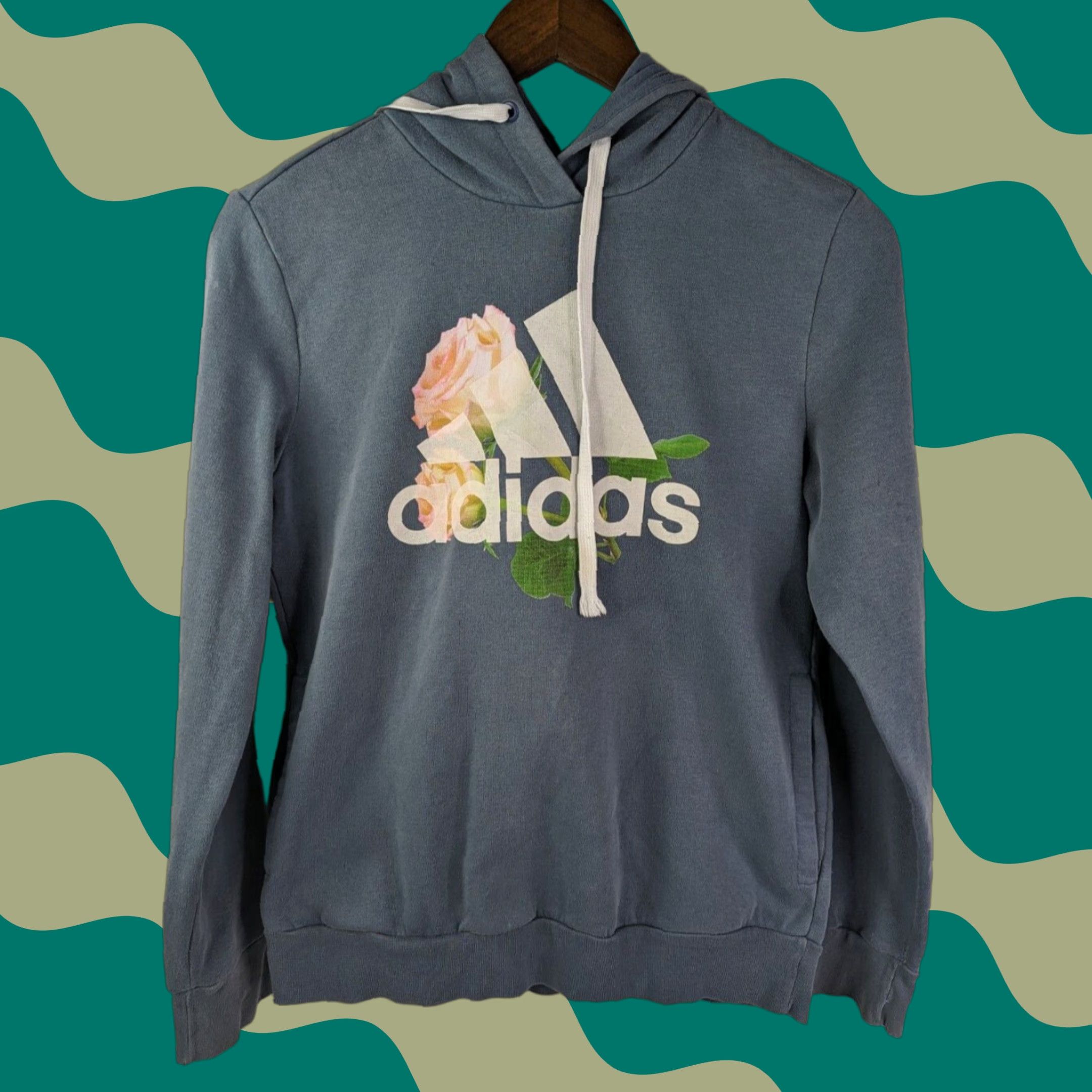 Adidas Adidas Hooded Sweatshirt Blue Womens M Roses Graphic Print Pocket Pullover Knit Hoodie Size M / US 6-8 / IT 42-44 - 1 Thumbnail