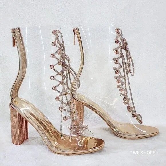 Other See Me Rose Gold Rhinestone Laces Heels Clear Upper Open Toe Size US 6 / IT 36 - 5 Thumbnail