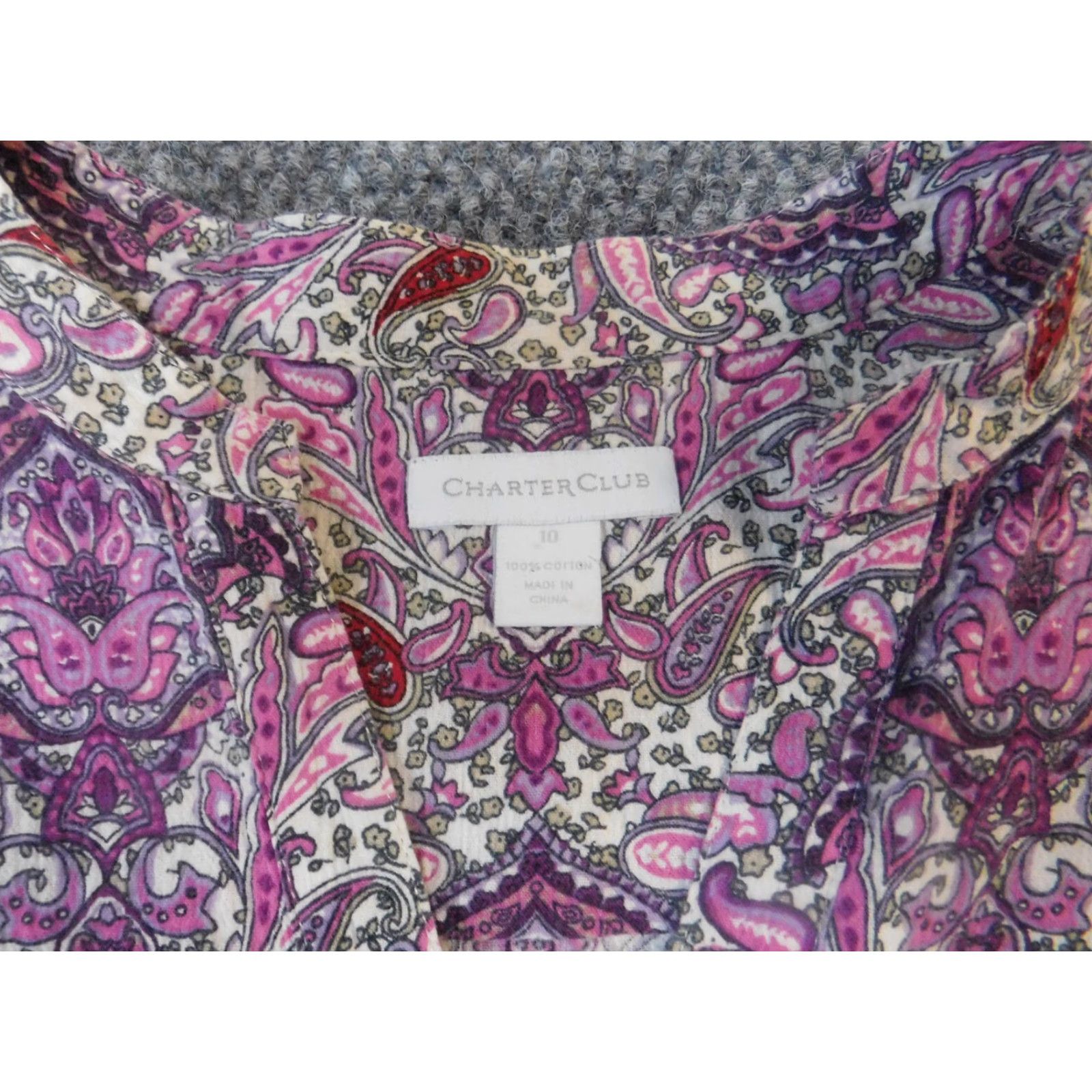 Charter Club Charter Club Blouse Womens 10 Purple Paisley Knit 100% Cotton Long Sleeve Cap Sleeve Button Round Neck Casual Regular Vintage: No Size L / US 10 / IT 46 - 4 Thumbnail