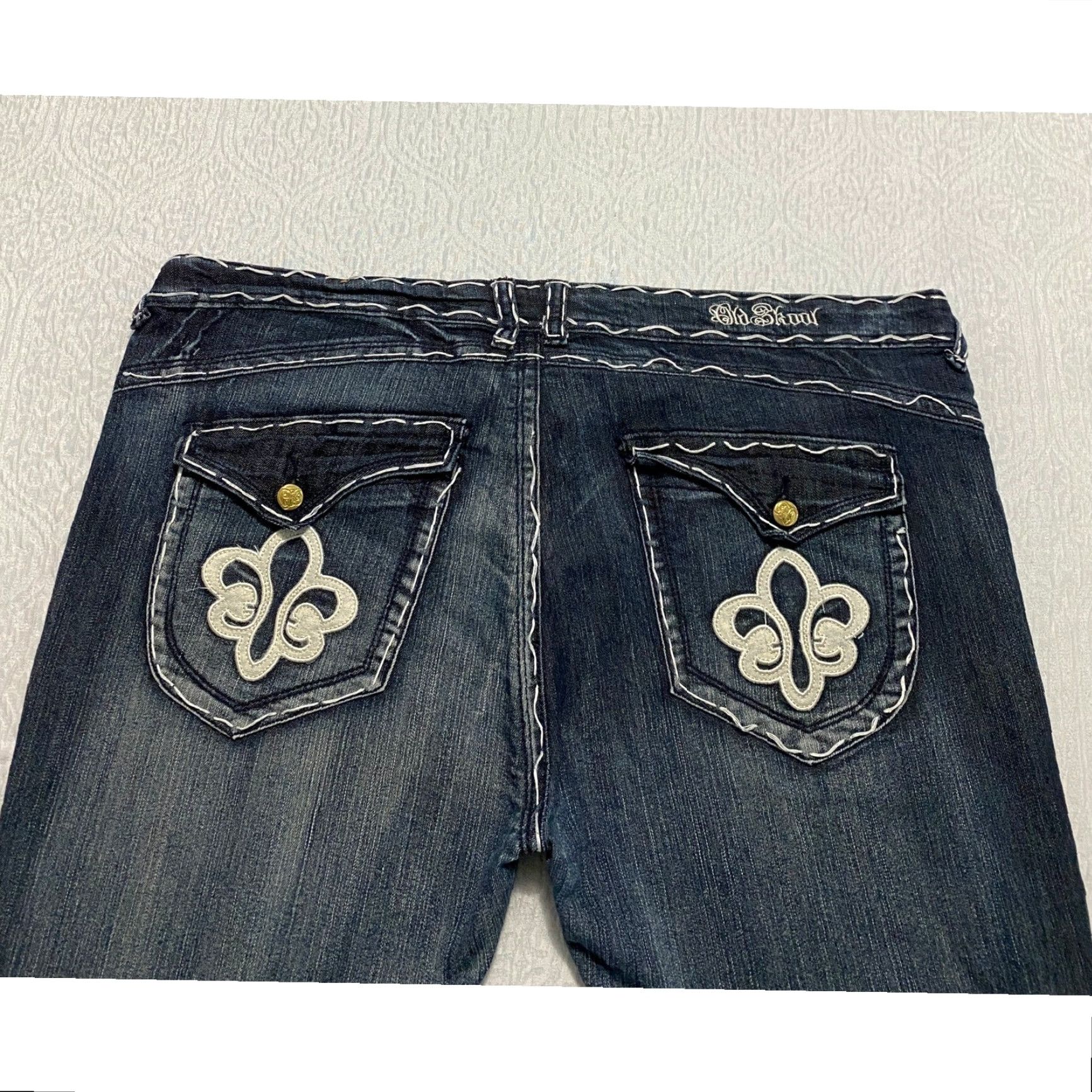 Denime Old Skool Jeans Bootcut Women Size 22W Plus 5-Pocket Dark Wash Denim Embellished Fleur Pockets Size 40" / US 18 - 2 Thumbnail