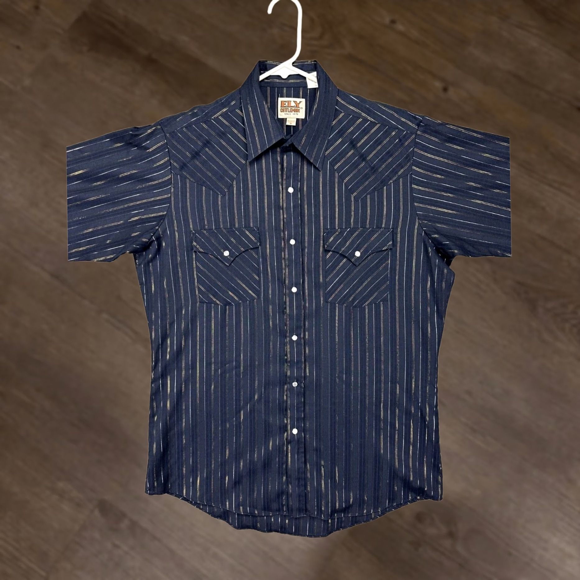 Vintage VINTAGE Elly Cattleman Shirt Mens Medium 15.5-33 Navy Dress Western Cowboy Pearl Snap Shirt Mens Medium Navy Western Pearl Snap Size 42R - 1 Thumbnail