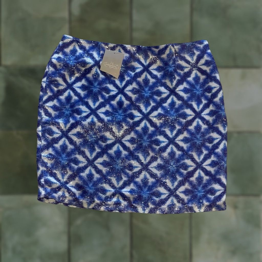 Anthropologie VINTAGE Anthropologie Cluny Reactive Shimmer Blue Tile Pattern Sequin Skirt Adult 8 Blue Sequin Mini Womens Size 30" / US 8 / IT 44 - 1 Thumbnail