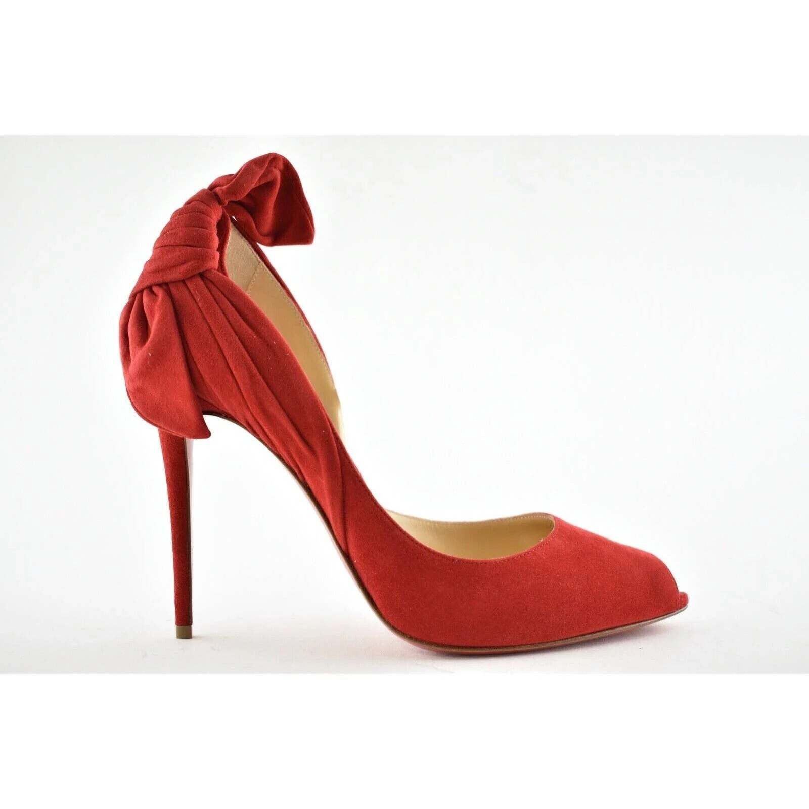 Christian Louboutin Barbara 100 Oeillet Red Suede Peep Toe Bow Heel Pump 39.5 Size US 9.5 / IT 39.5 - 2 Thumbnail
