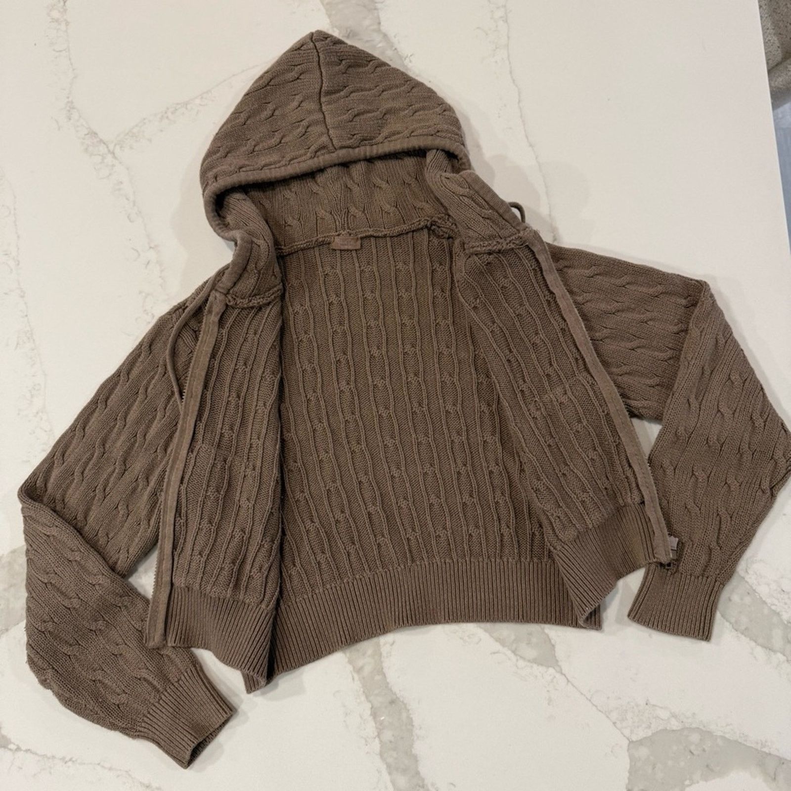 Brandy Melville John Galt Crystal Cable Knit Hoodie Women’s OS Brown FullZip Size S / US 4 / IT 40 - 9 Thumbnail