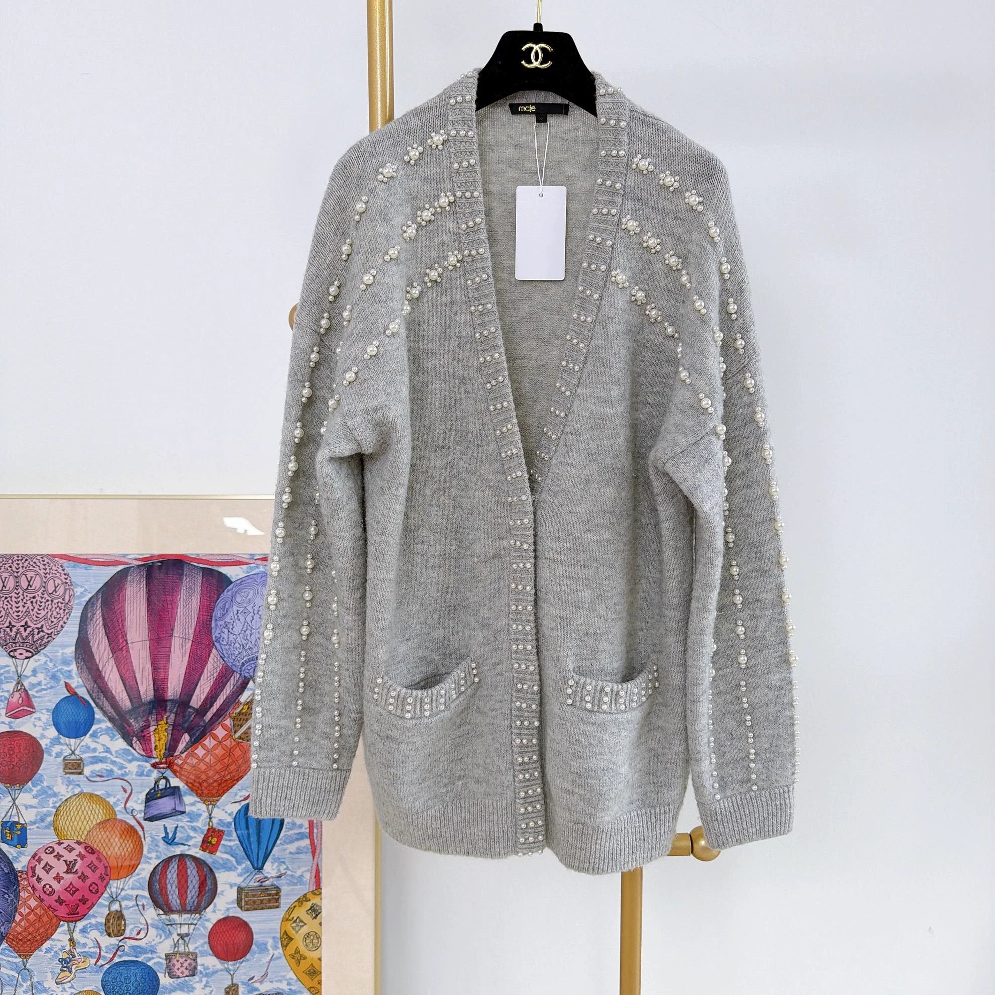 Maje Maje Gray Pearl-Embellished Knit Cardigan Size 2 Size XS / US 0-2 / IT 36-38 - 1 Thumbnail