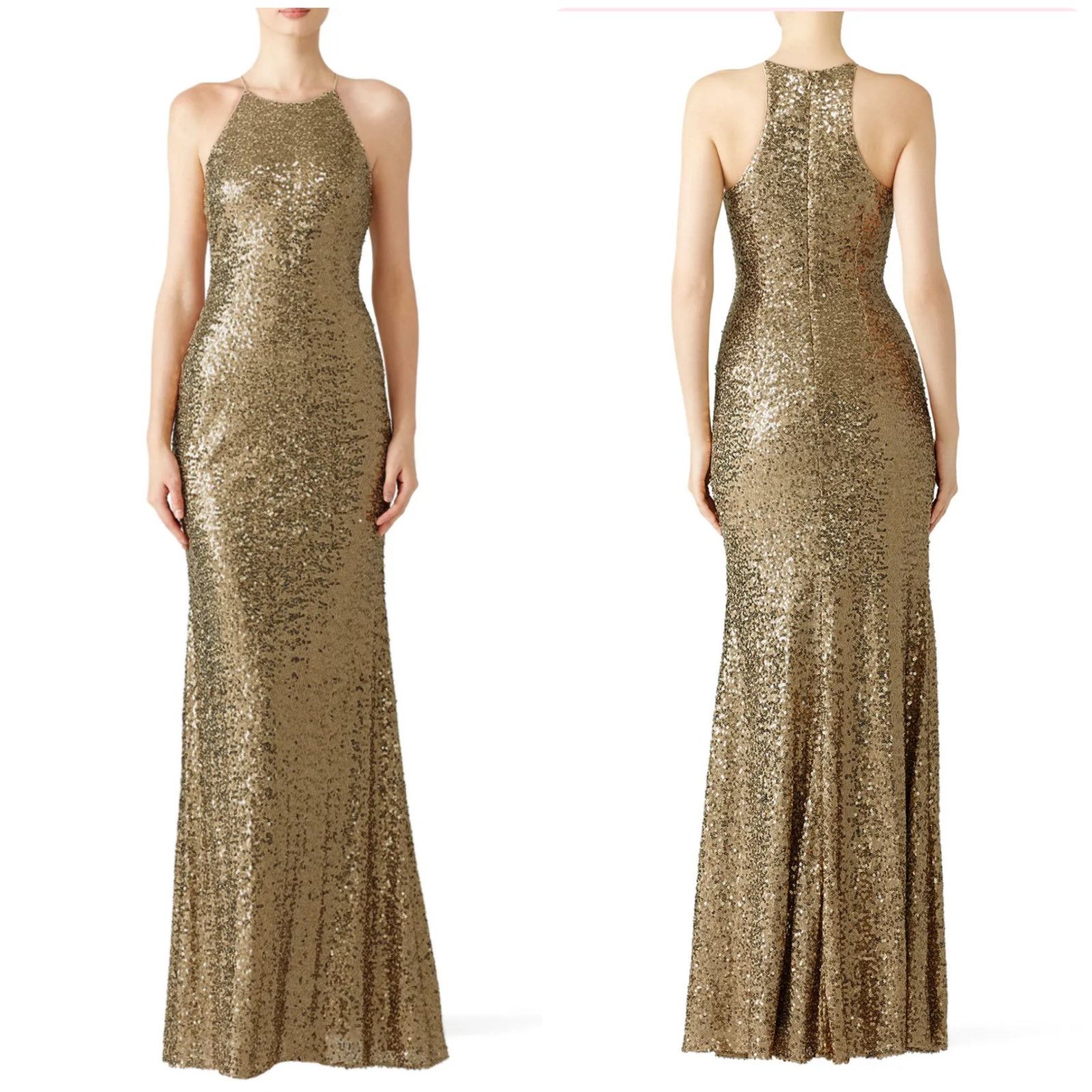 Badgley Mischka Badgley Mischka Collection Gold Sequin Halter Maxi Dress Size XS / US 0-2 / IT 36-38 - 1 Thumbnail