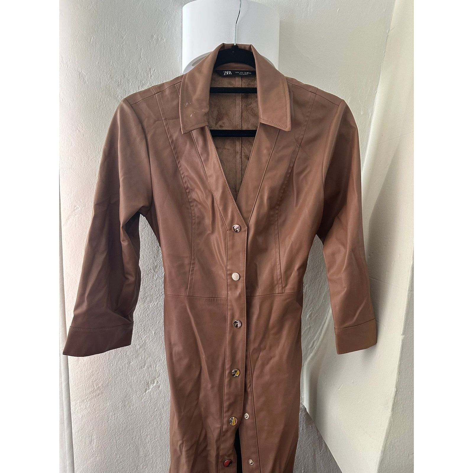Zara Zara Brown Faux Leather Long Coat Dress S Size S / US 4 / IT 40 - 2 Thumbnail