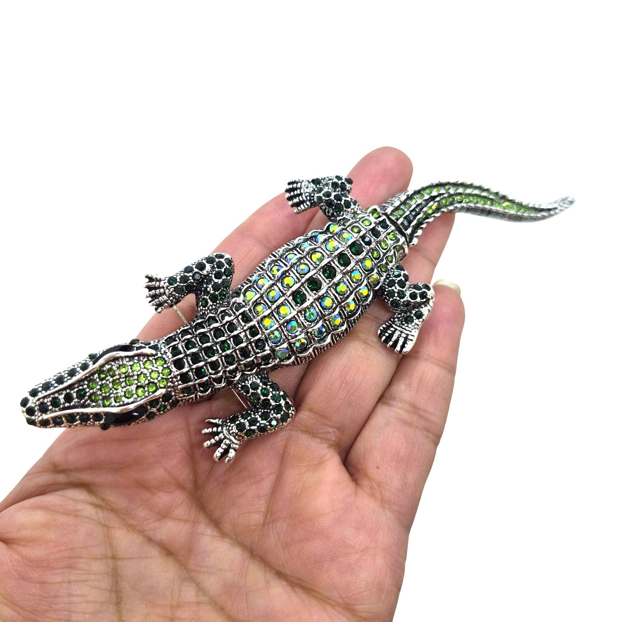 Other Rhinestone Alligator Brooch Pin Green Silver 5.7 Inches Fash Size ONE SIZE - 3 Thumbnail
