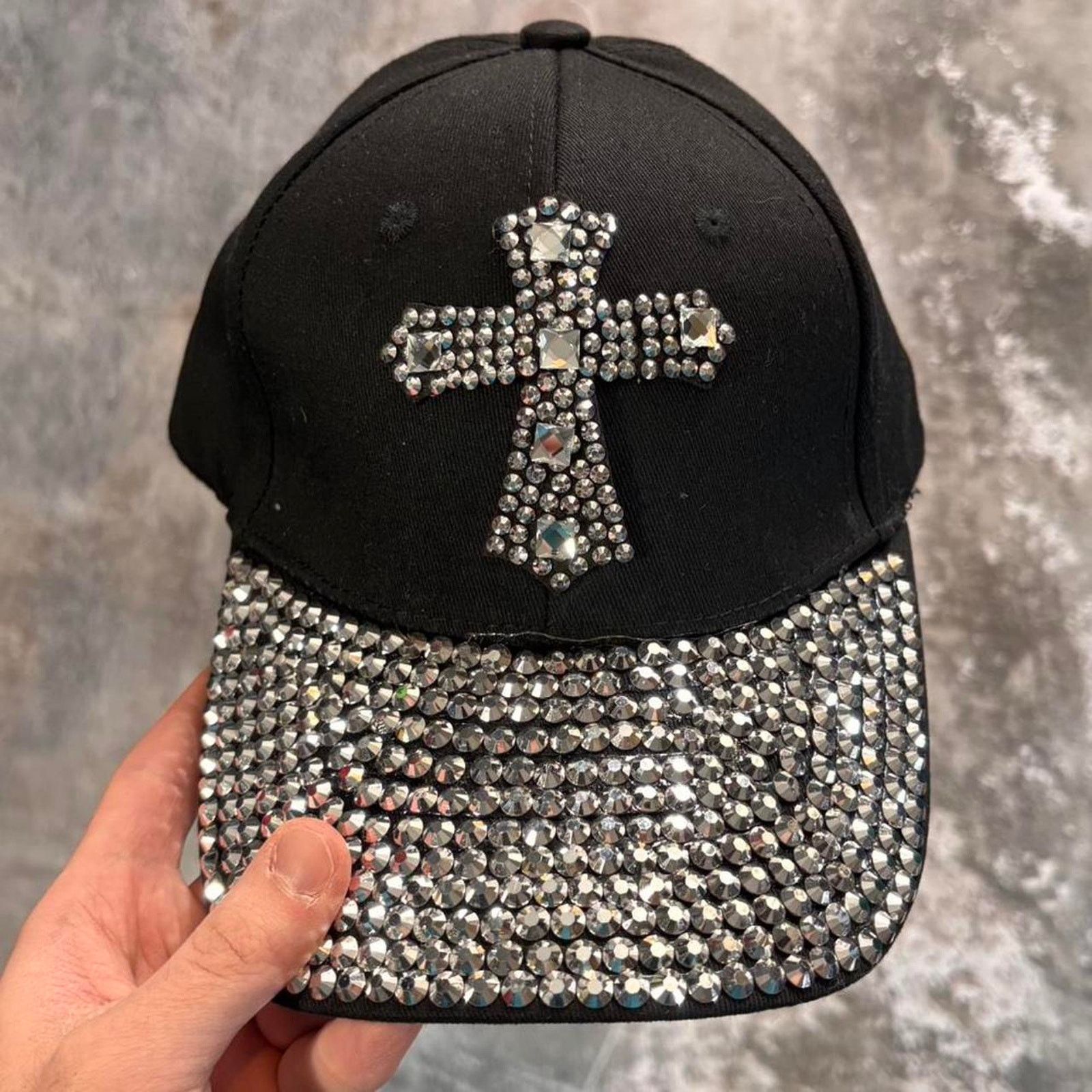 Vintage Y2K Black & Silver Rhinestone Cross Hat. Club Jersey Shore Size ONE SIZE - 1 Thumbnail