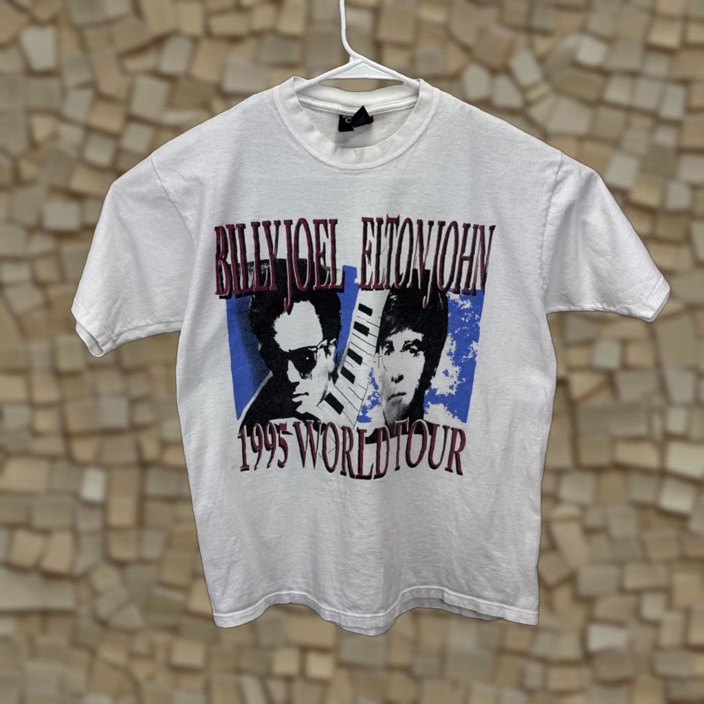 VINTAGE Billy Joel & Elton John T-Shirt Men's L White 90s World Tour Graphic Print Double-Sided Crew Neck - Softee