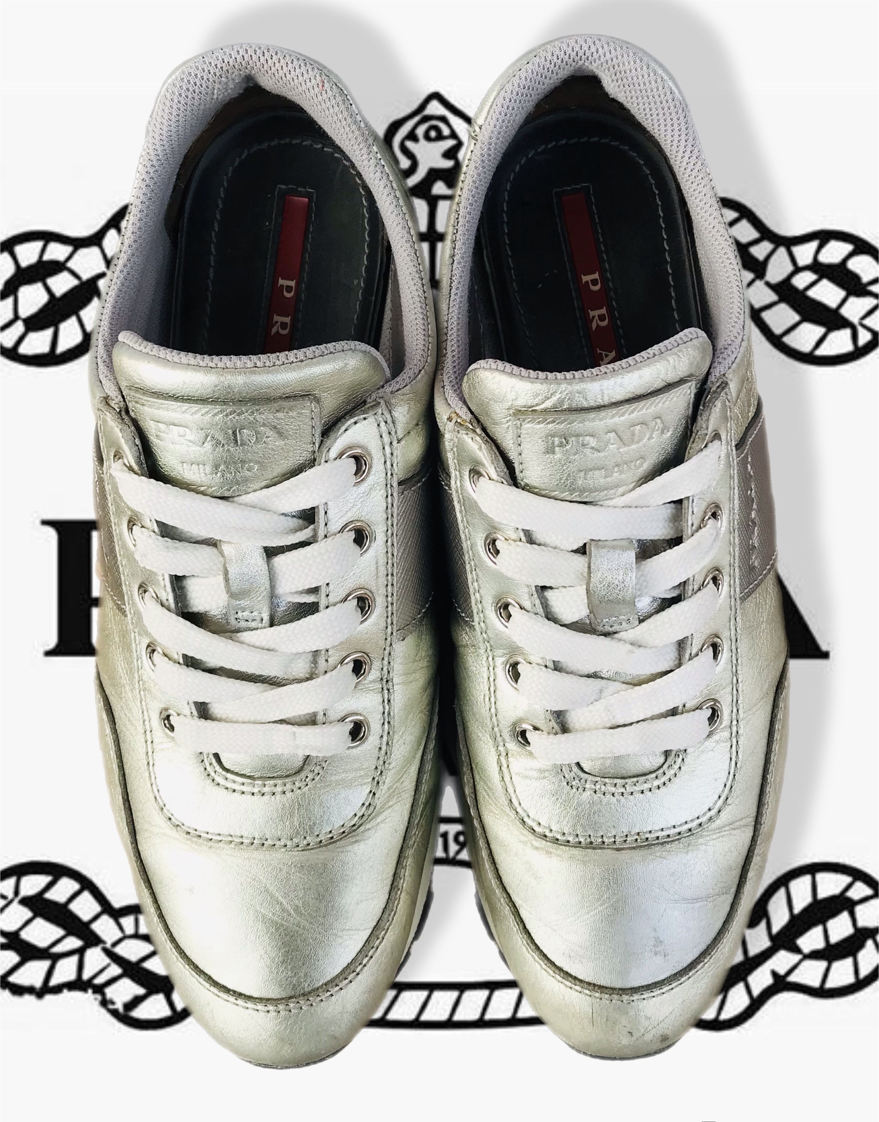 Prada Prada Milano Leather Lace-Up Sneakers Silver Women's Nappa Size US 7 / IT 37 - 6 Thumbnail