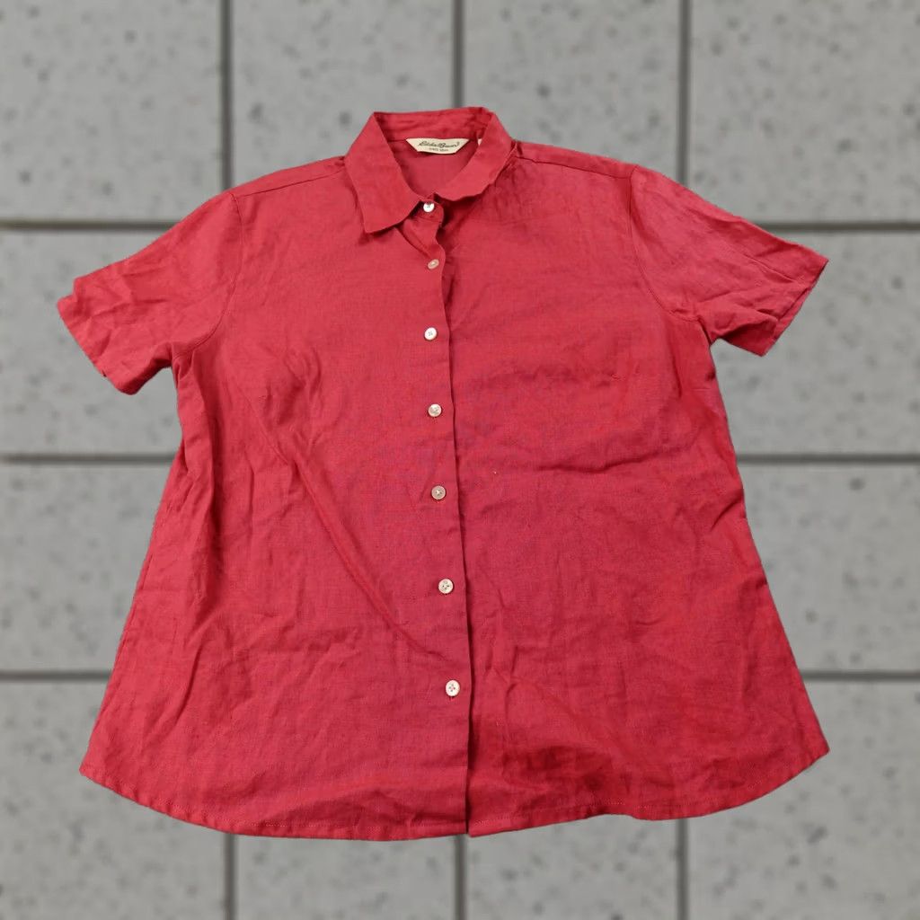 Eddie Bauer Eddie Bauer Shirt Womens L Red Linen Chambray Short Sleeve Button-Up Casual Top Size L / US 10 / IT 46 - 1 Thumbnail