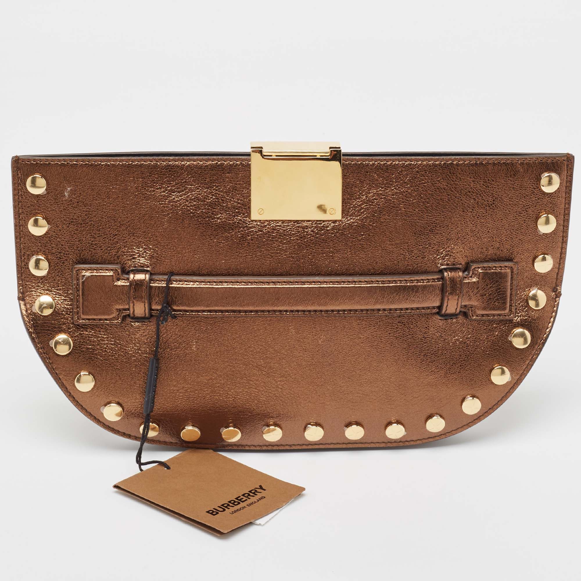 image of Burberry Bronze Leather Studded Olympia Clutch in Brown, Women's