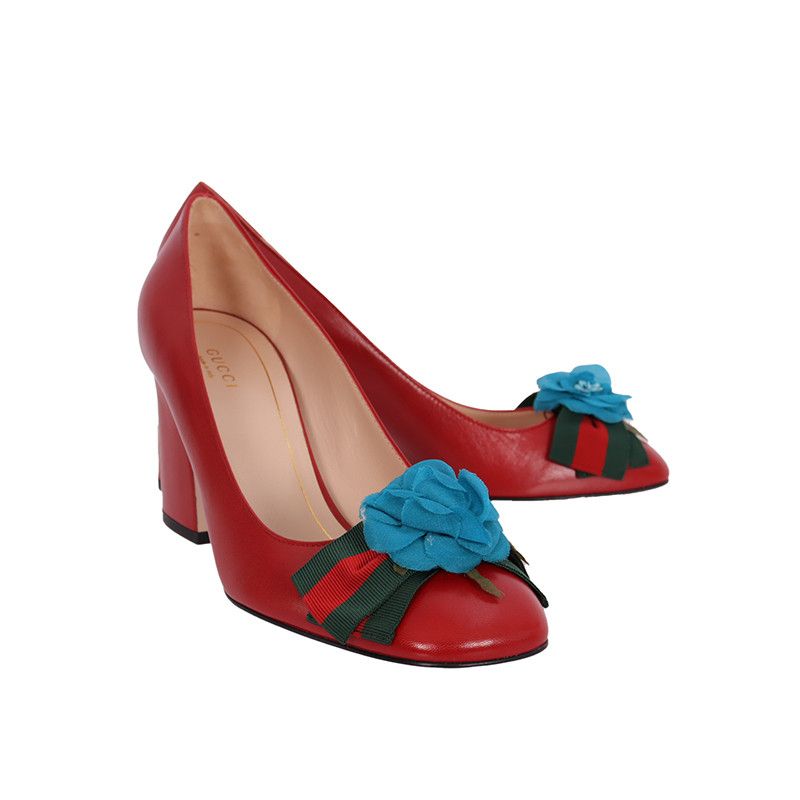 Gucci Gucci Red Leather Chunky Heels with Floral Detail 0079 Size US 7.5 / EU 40-41 - 1 Thumbnail