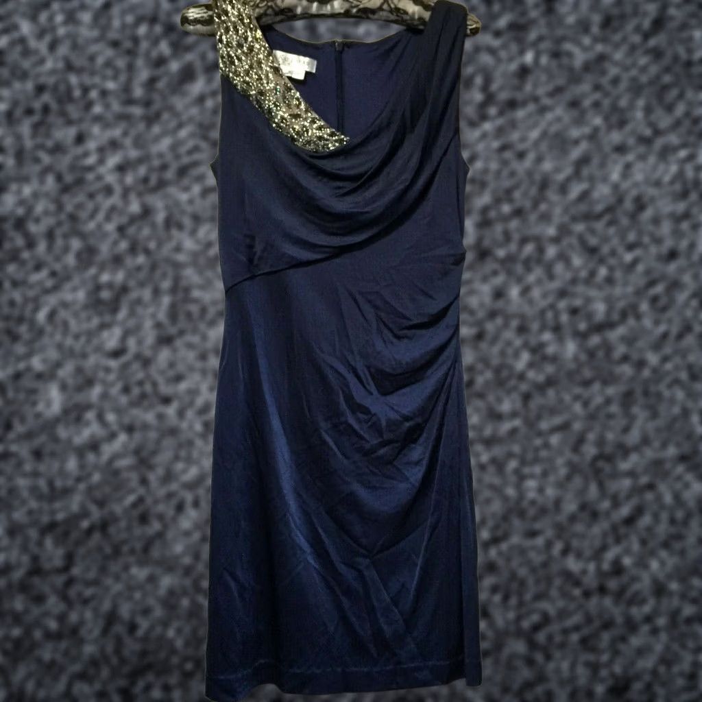 Vintage VINTAGE Kay Unger Beaded Drape Front Sleeveless Sheath Dress Lined Navy 8 Womens Girls Mens Adjustable Size M / US 6-8 / IT 42-44 - 1 Thumbnail