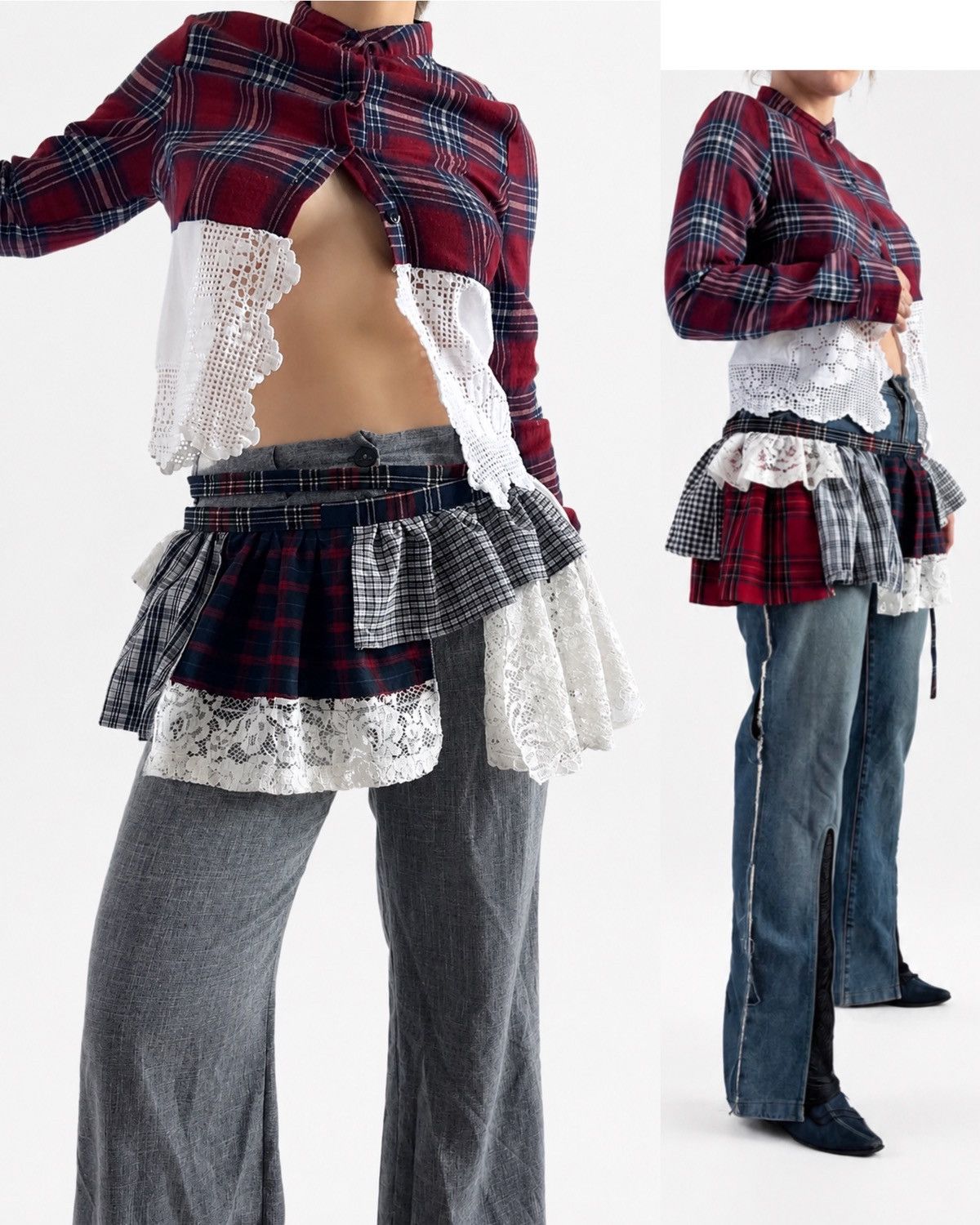 Custommade Upcycled Plaid/Lace Ruffle Wrap Skirt /Belt Accent Size 28" / US 6 / IT 42 - 3 Thumbnail