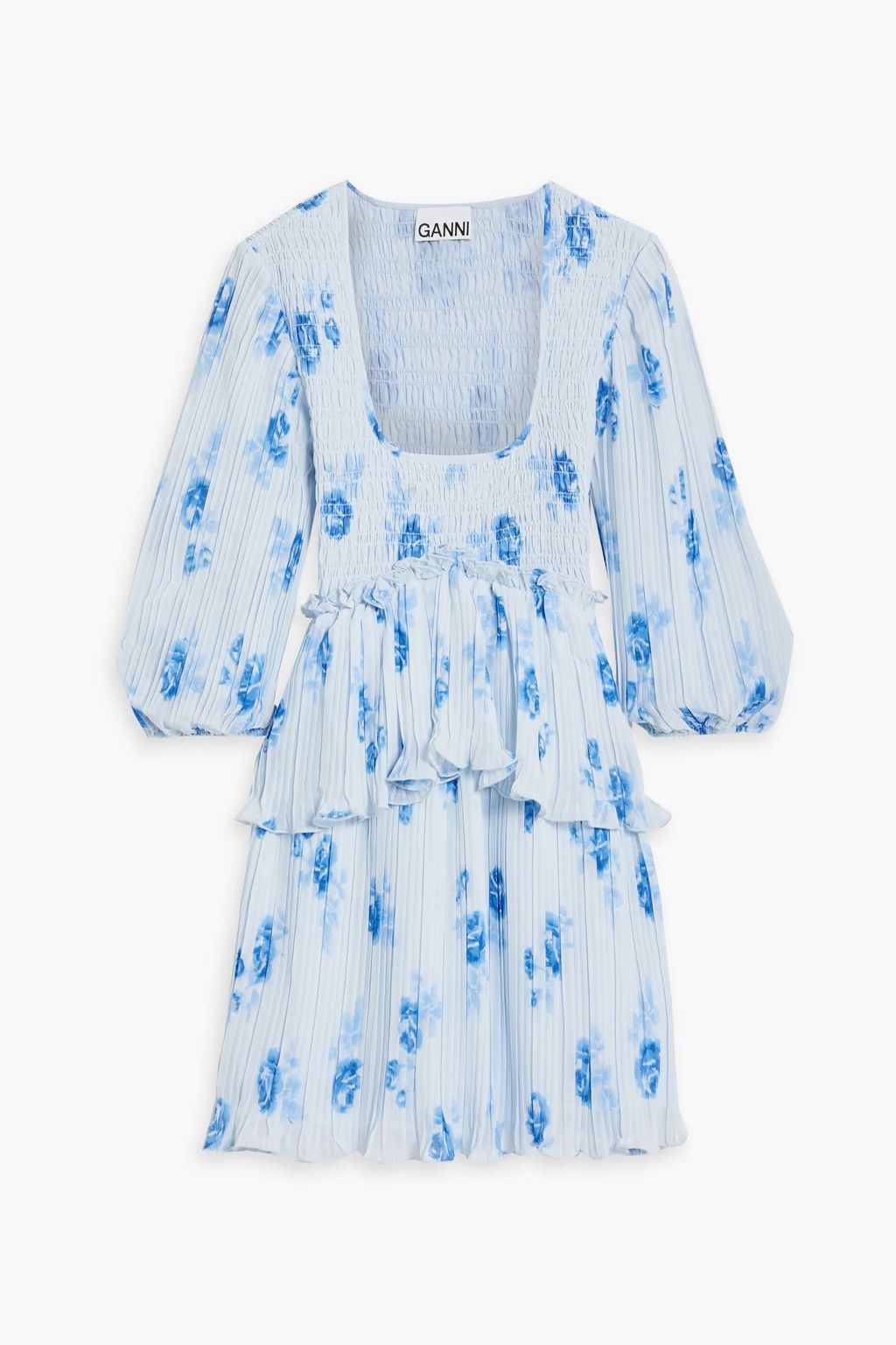 Ganni GANNI Shirred Floral-print Crepe de chine Mini Dress Blue Size XS / US 0-2 / IT 36-38 - 1 Thumbnail