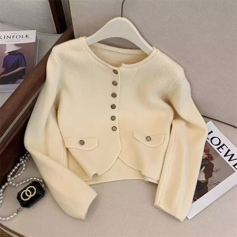 image of Long Sleeve Round Neck Cardigan Knit Sweater in Apricot, Women's (Size Medium)