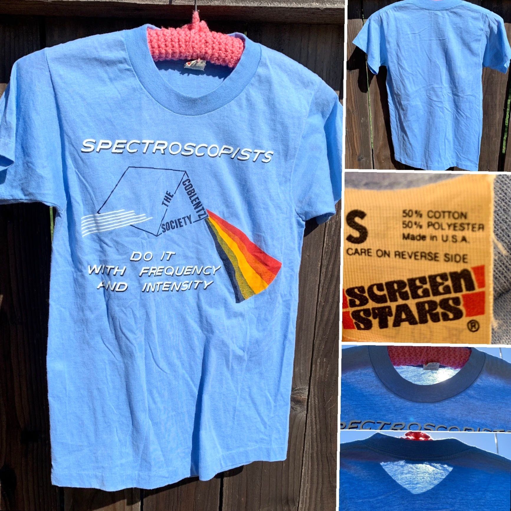 Vintage VINTAGE Spectroscopists Do It With Frequency Coblentz Society T-Shirt Rainbow S Shirt Unisex Small Blue 1980s Graphic Tee Mens Womens Boys Girls Size US S / EU 44-46 / 1 - 3 Thumbnail